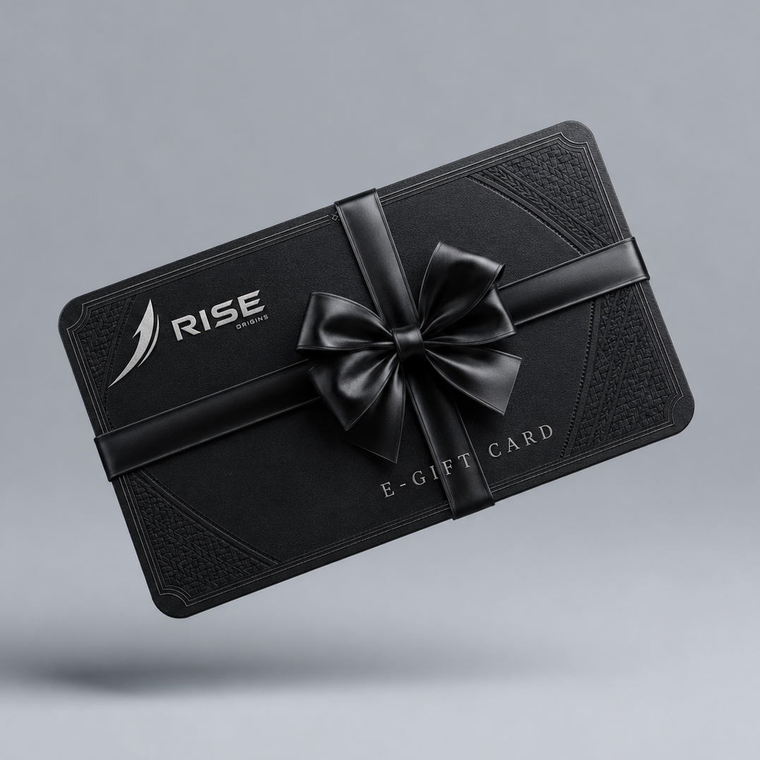 Black e-gift card with 'RISE Origins' logo and text on a grey background with motifs