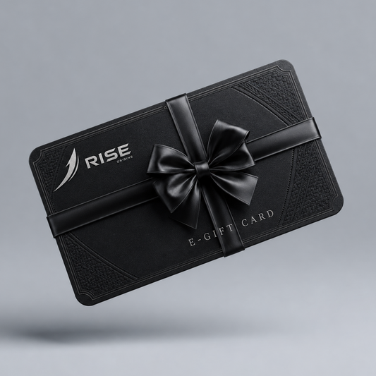 Black e-gift card with 'RISE Origins' logo and text on a grey background with motifs