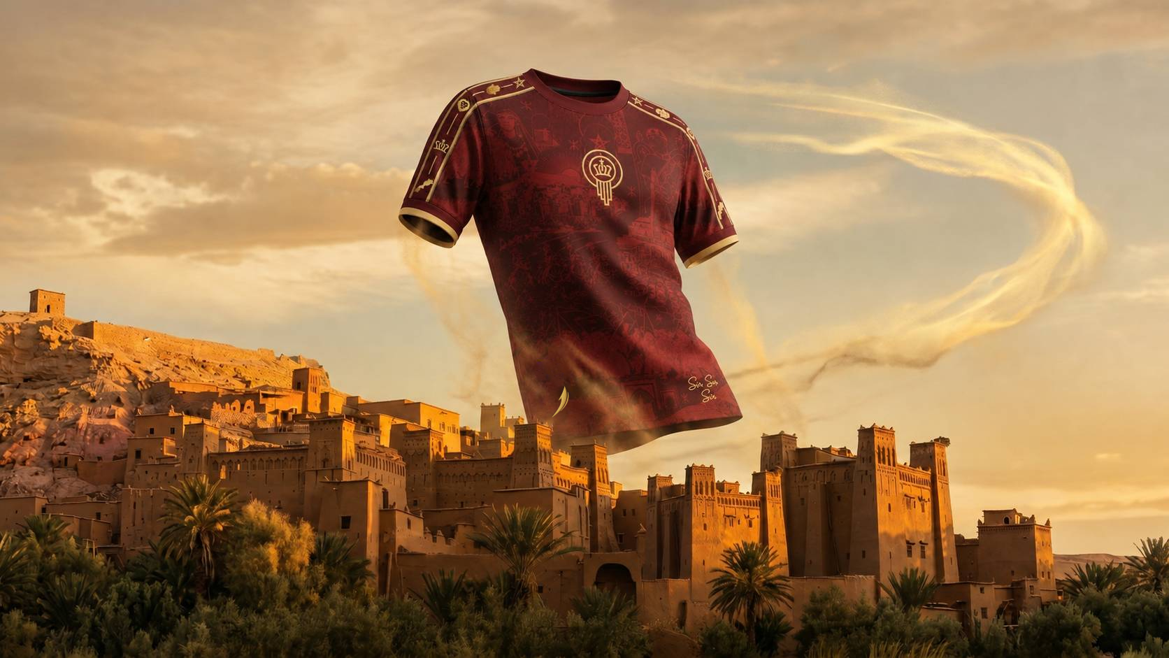 Floating burgundy and gold Morocco heritage jersey above a sunlit Moroccan kasbah, surrounded by golden desert light and swirling sand.