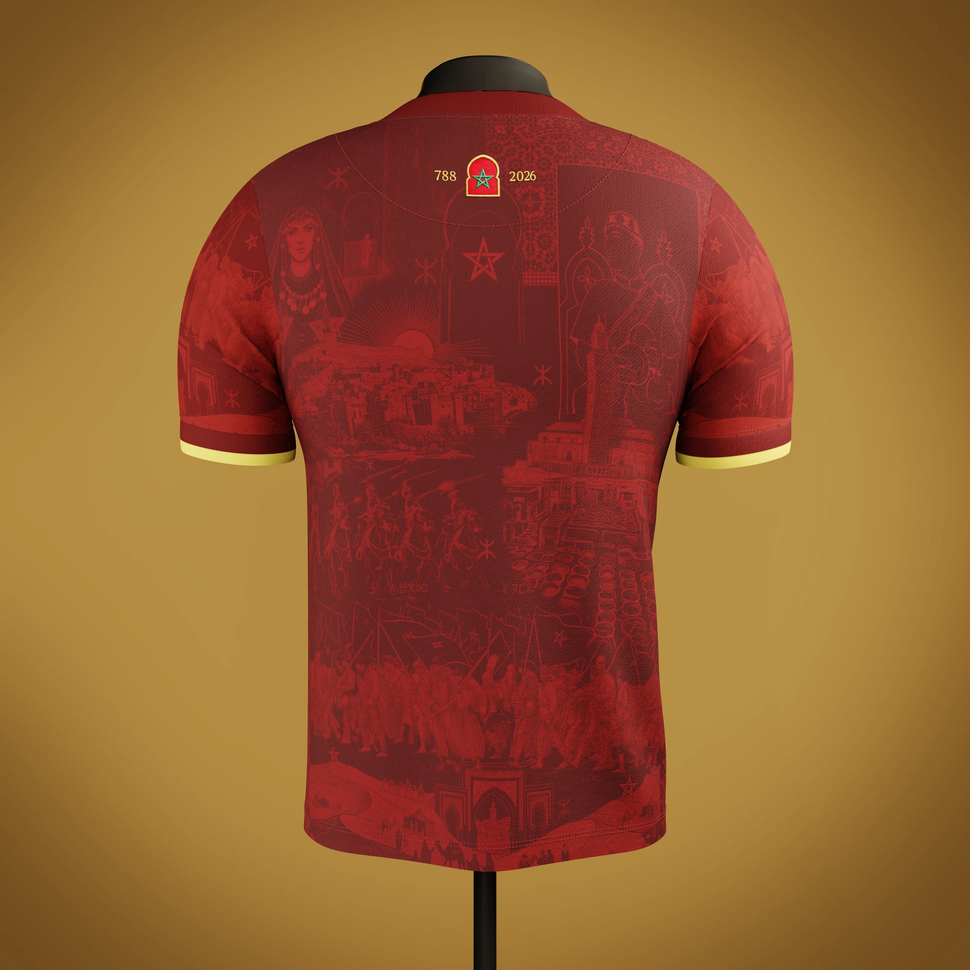 Red Moroccan jersey with intricate heritage patterns on a mannequin against a gold/cream background