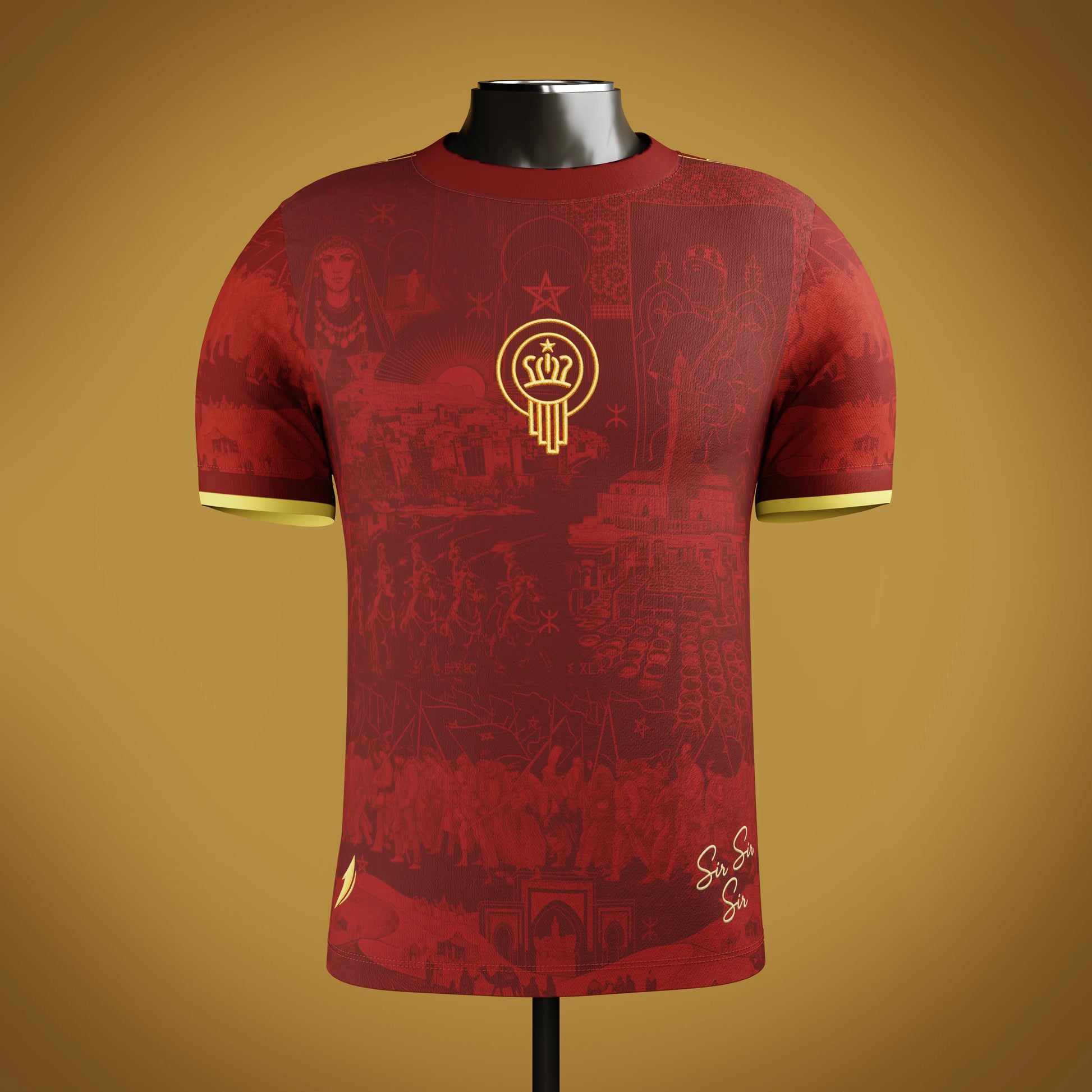 Red Moroccan heritage jersey with an embroidered emblem on a mannequin against a gold/cream background