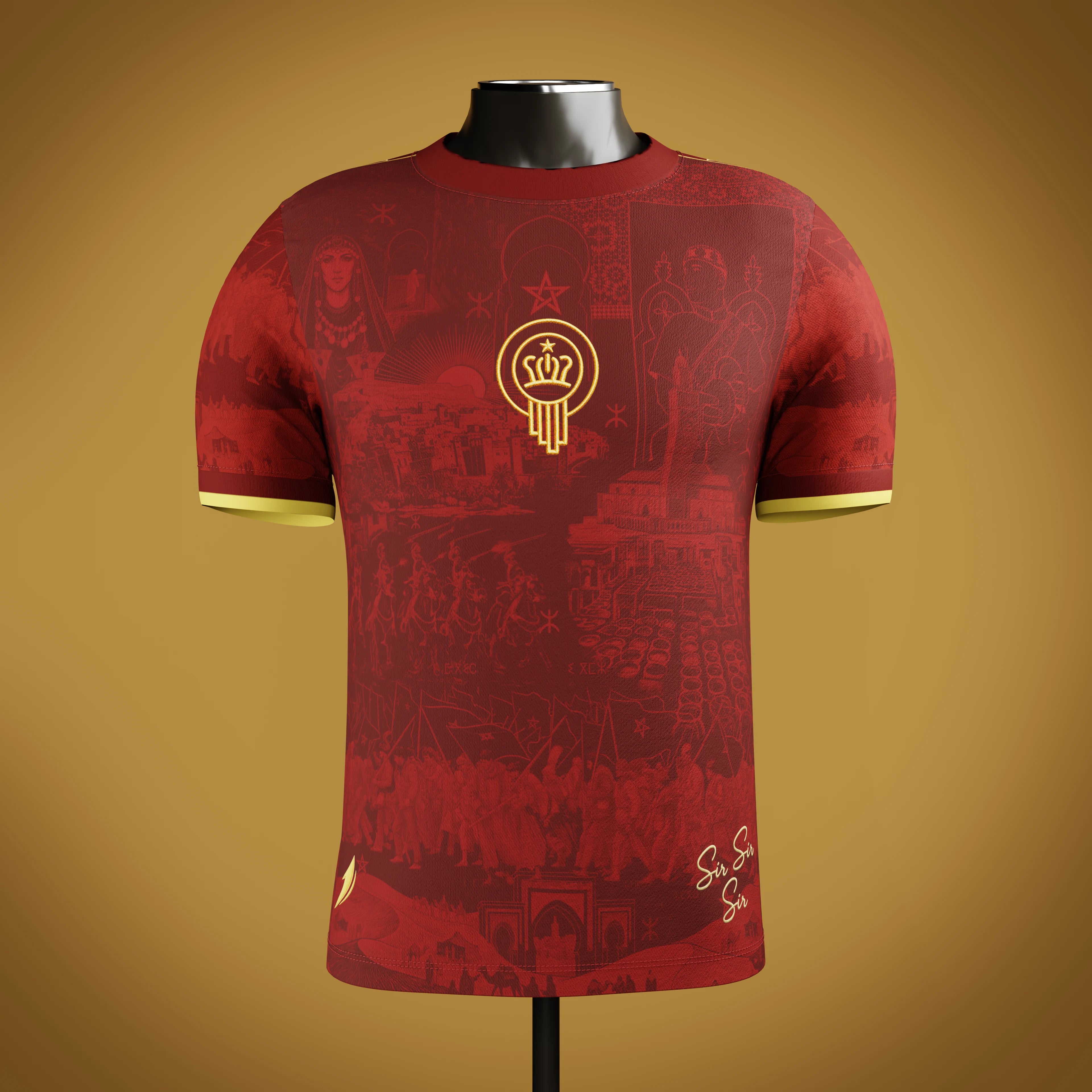 Red Moroccan heritage jersey with an embroidered emblem on a mannequin against a gold/cream background