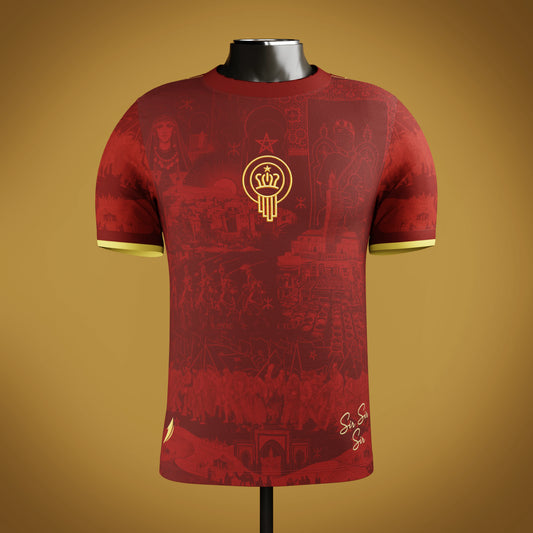 Red Moroccan heritage jersey with an embroidered emblem on a mannequin against a gold/cream background