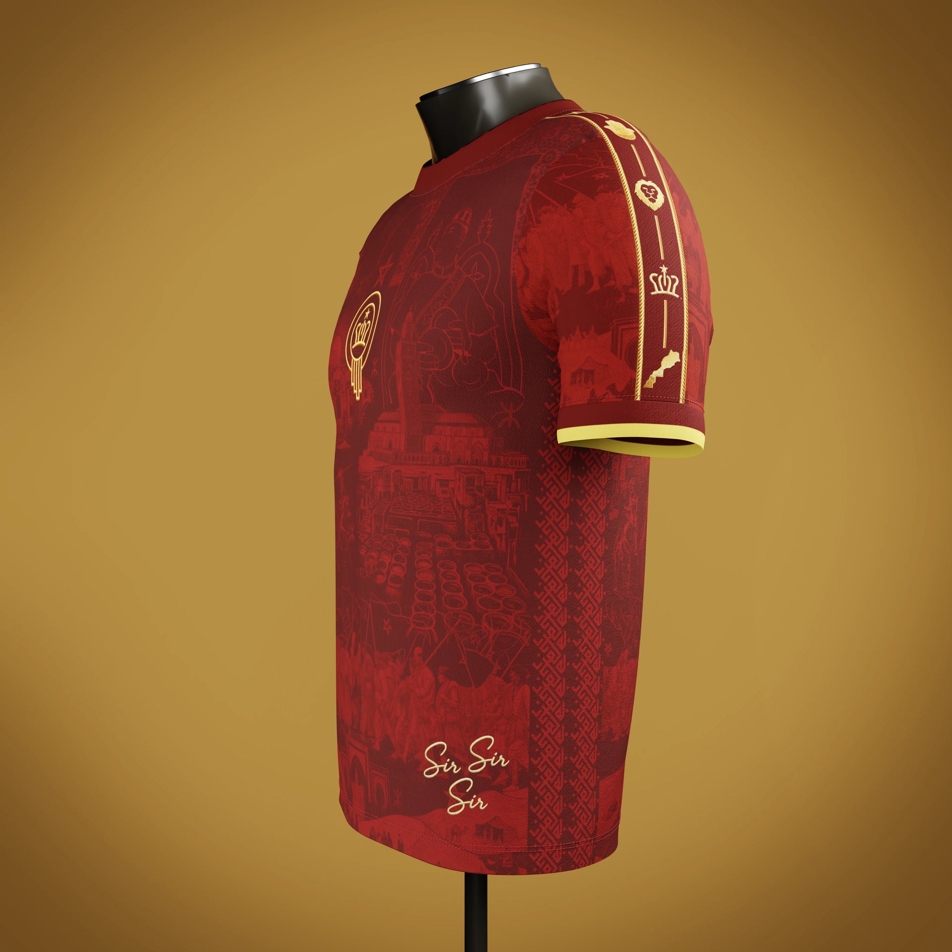 Red moroccan jersey side view with 'Sir Sir Sir' embroidery in gold thread along with shoulder identity band 