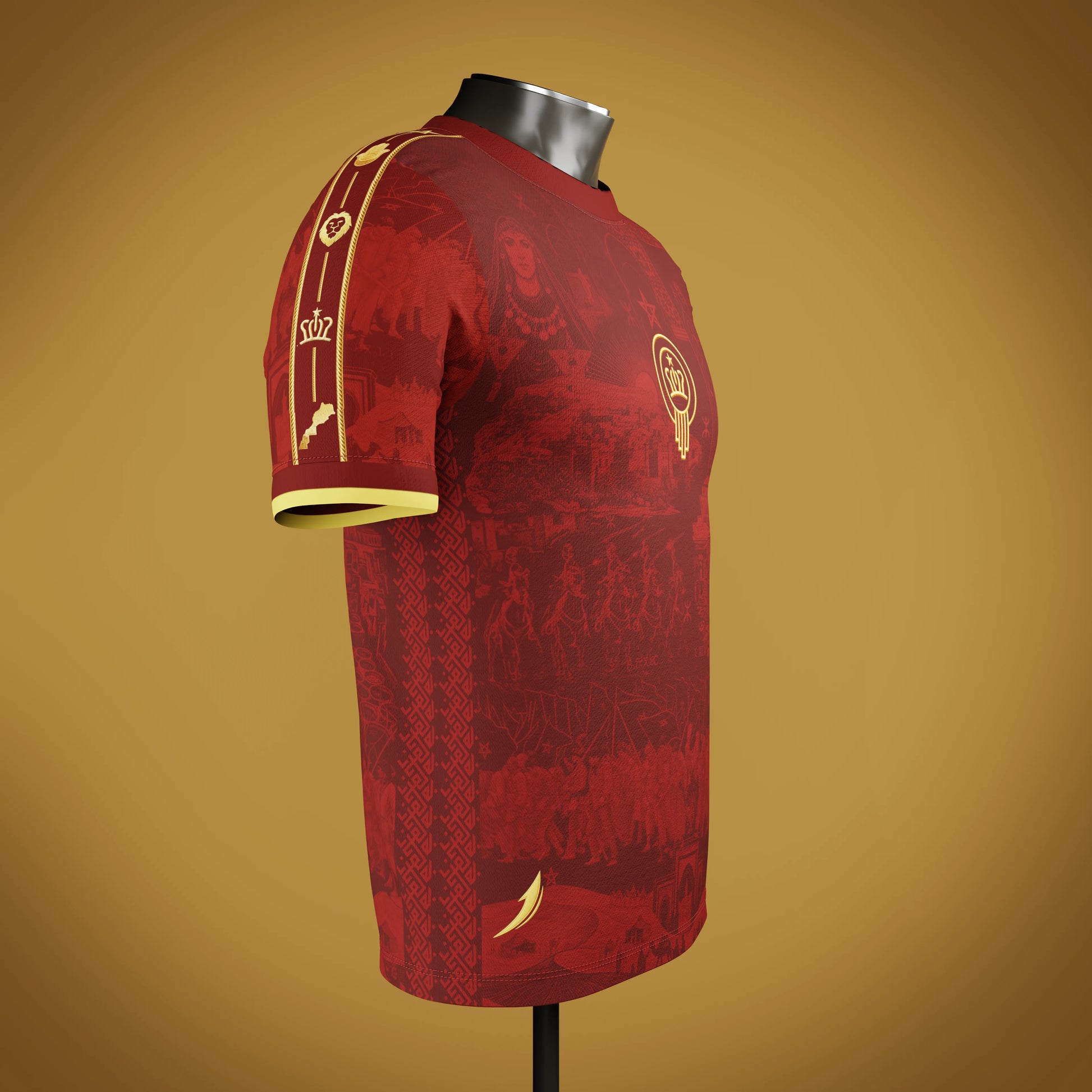 Red moroccan jersey side view with brand logo embroidery in gold thread along with shoulder identity band 