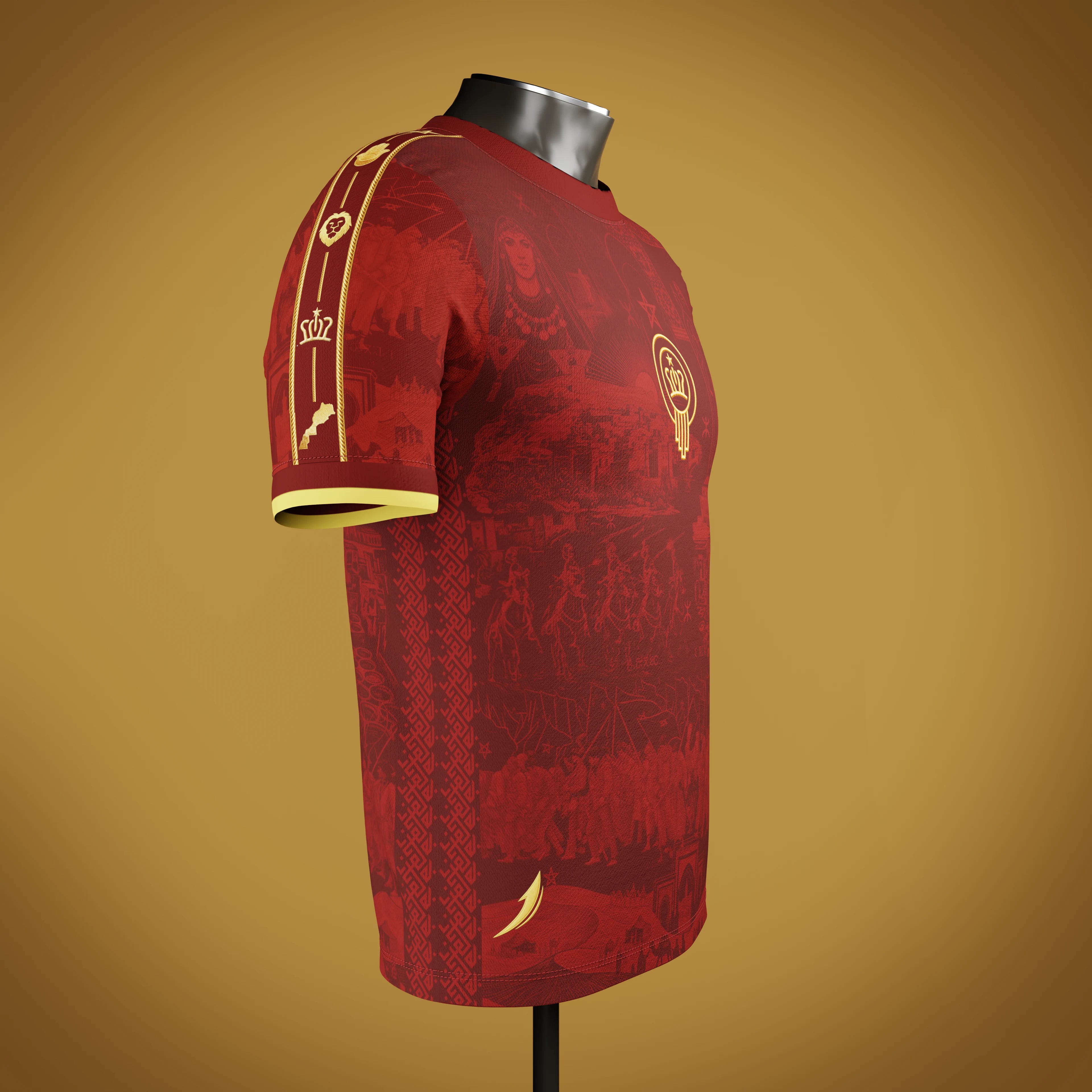 Red moroccan jersey side view with brand logo embroidery in gold thread along with shoulder identity band 