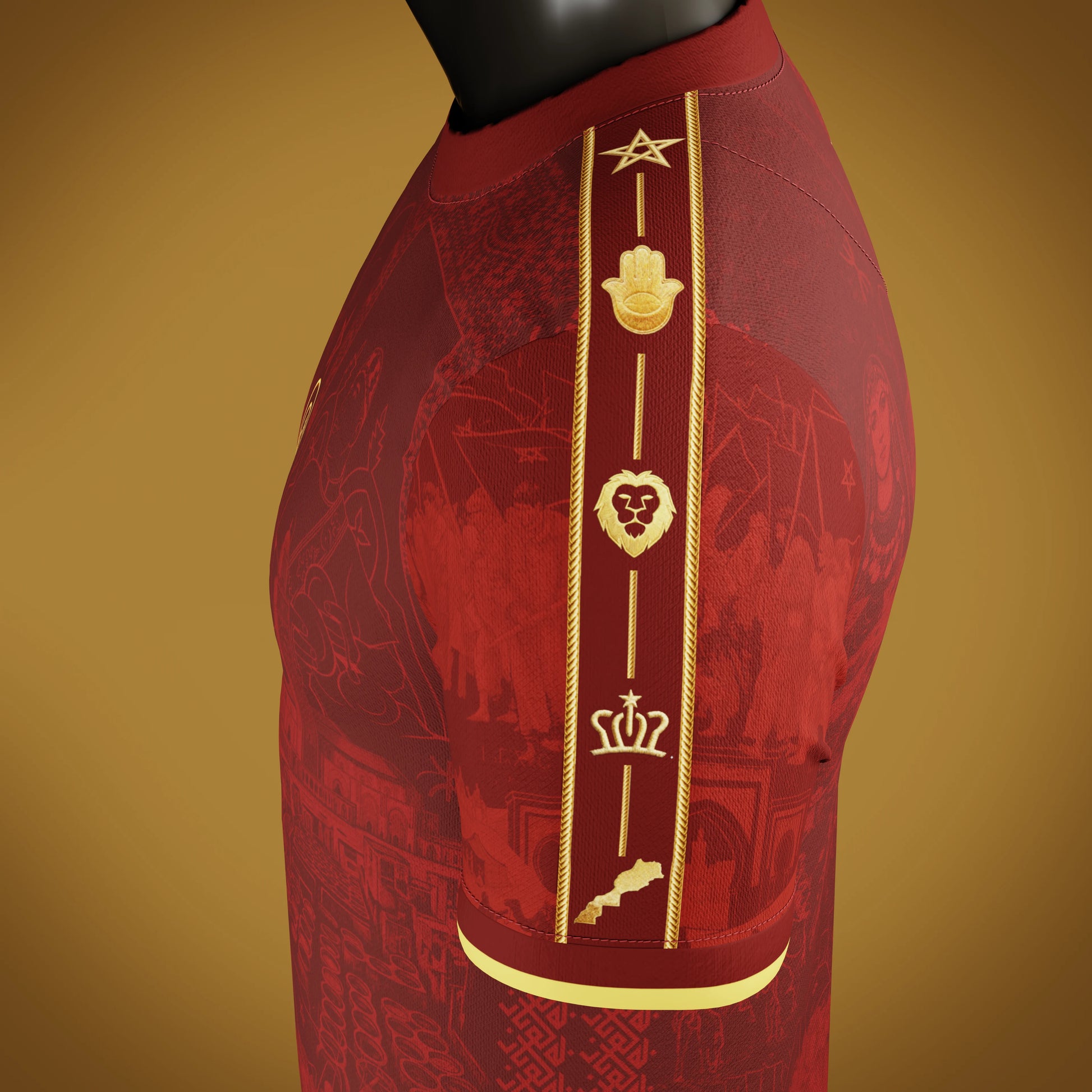 Close up view of shoulder band with embroidered Moroccan identity signs