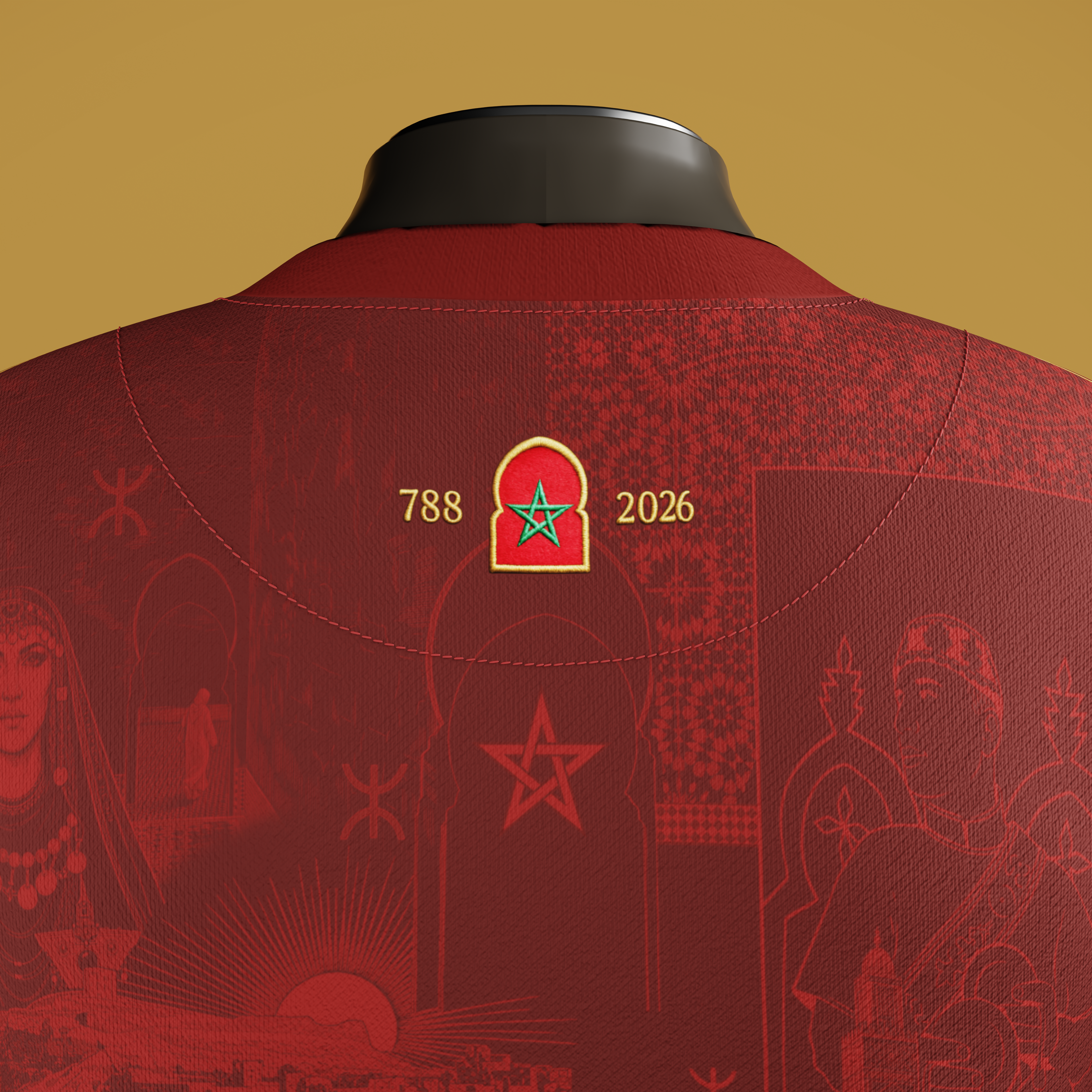 Close-up view of embroidered moroccan flag with dates on garment on a Gold/cream background
