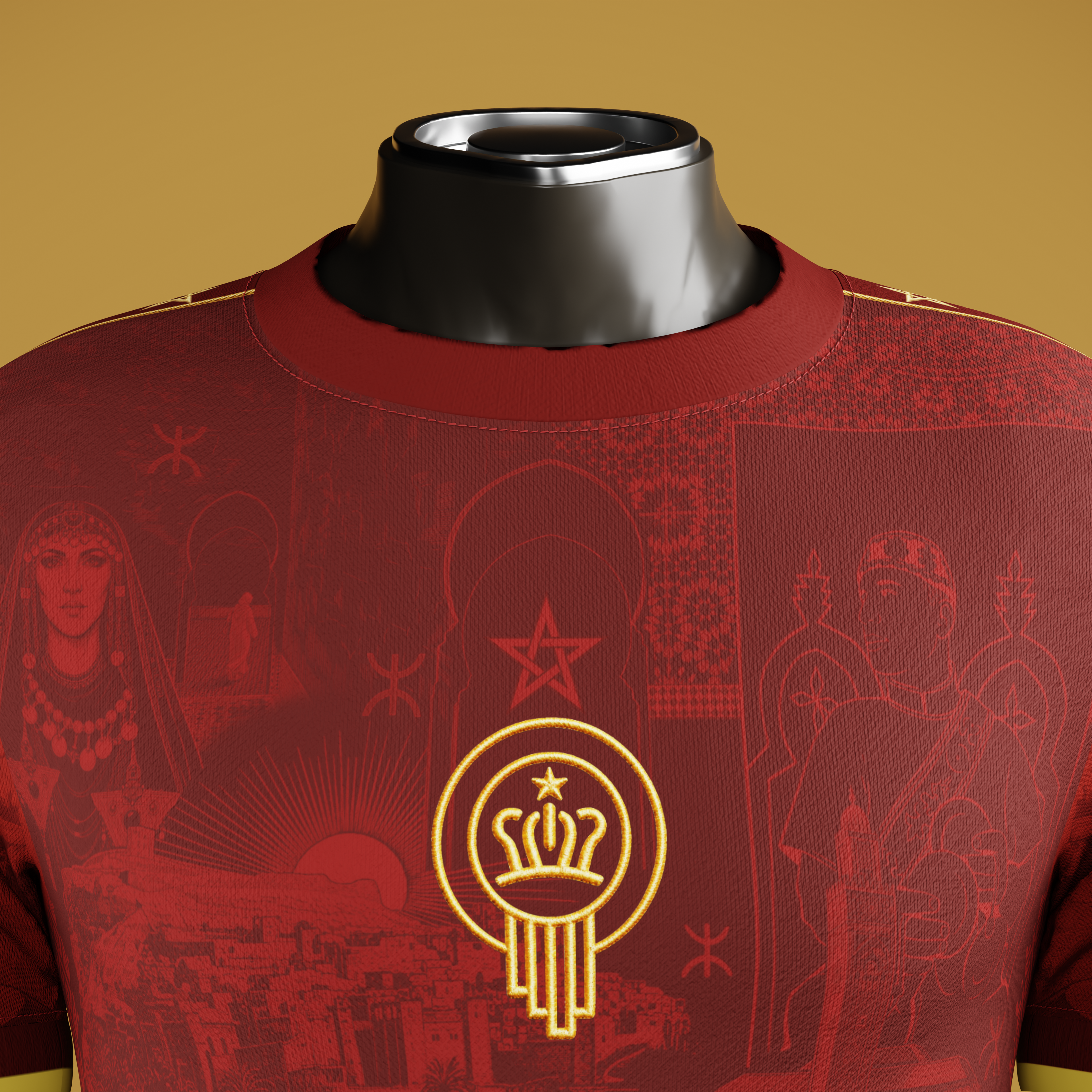 Close up view of Moroccan emblem on moroccan jersey with intricate cultural patterns