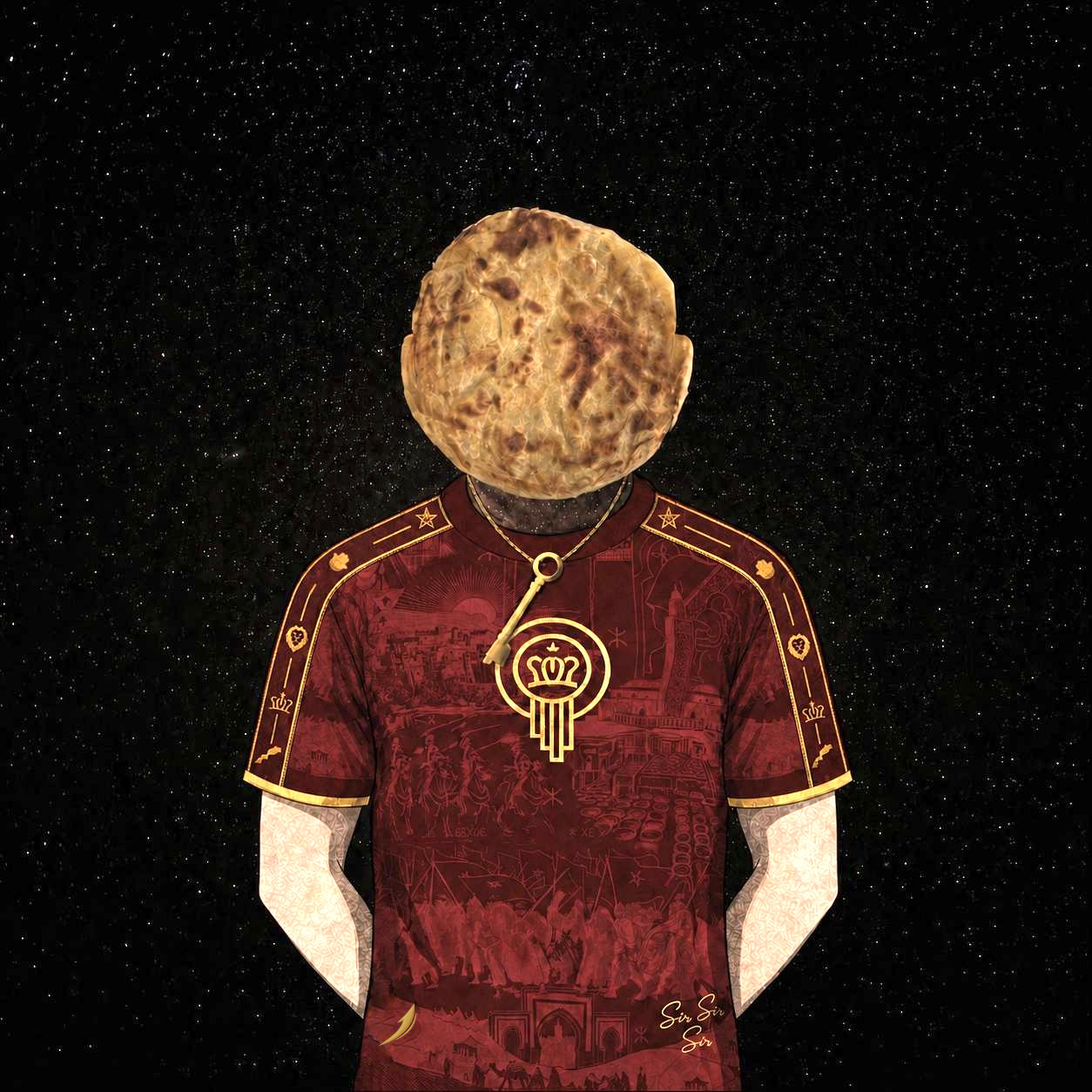 Person wearing a morocco heritage jersey  with gold accents and a Msemen head on a deep space background