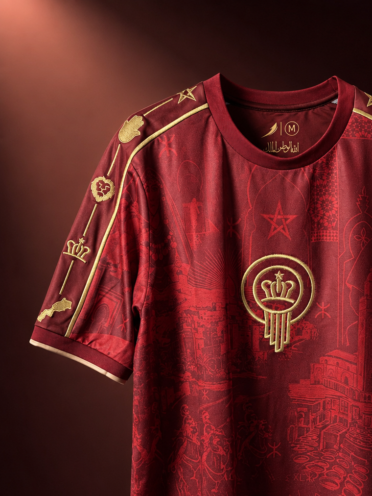 Real Morocco Heritage jersey with gold accents and heritage moroccan designs in a studio on a dark background
