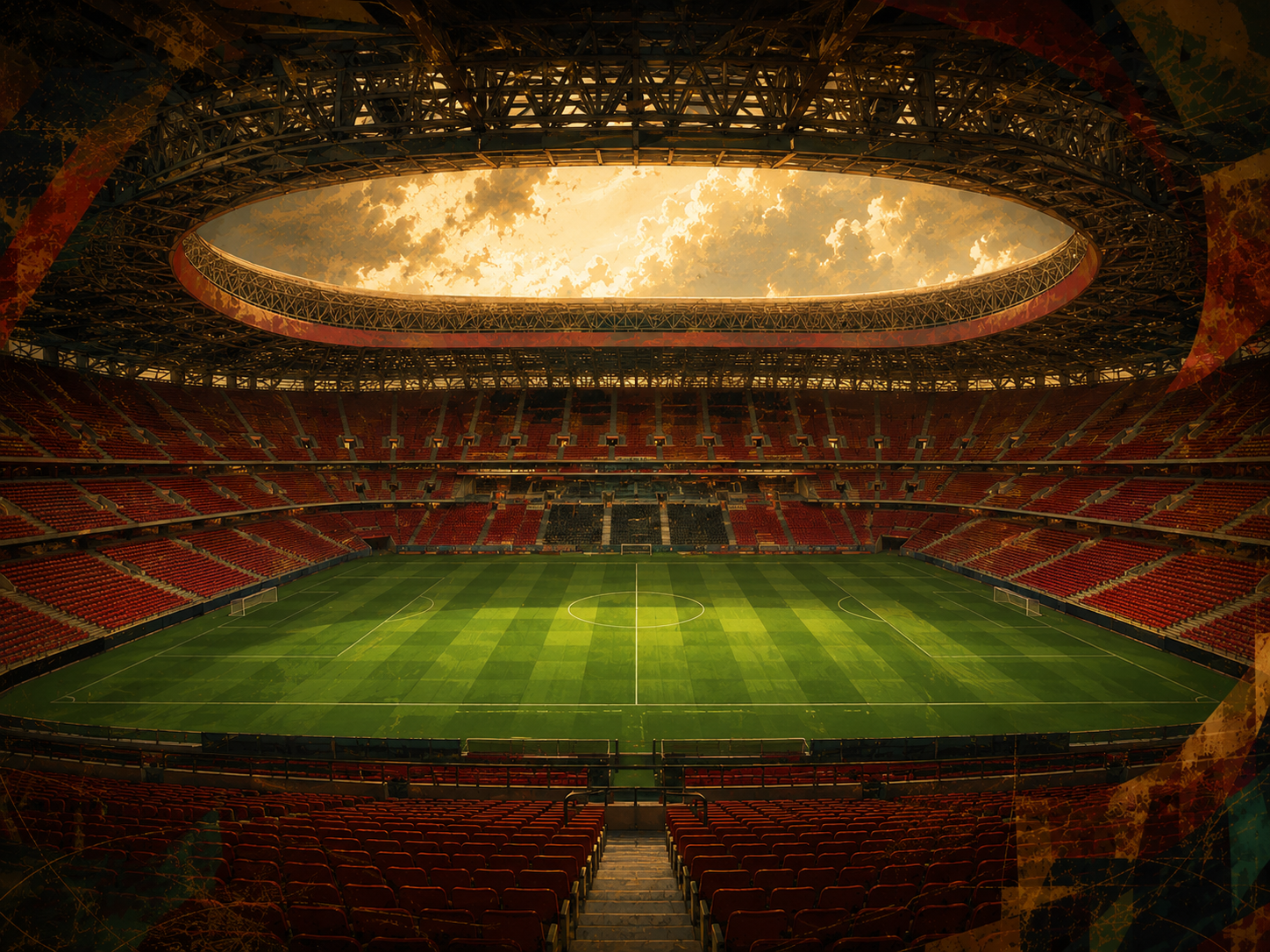 Large indoor sports arena in Morocco with a green field and red seats.
